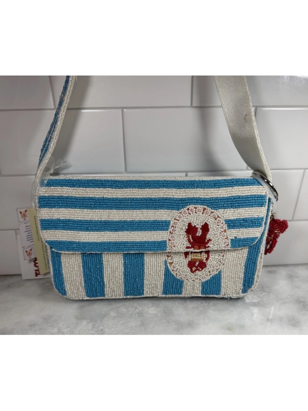 NEW RELEASE Made In India Beaded Lobster Stripe Bag Blue White Coastal Purse NWT